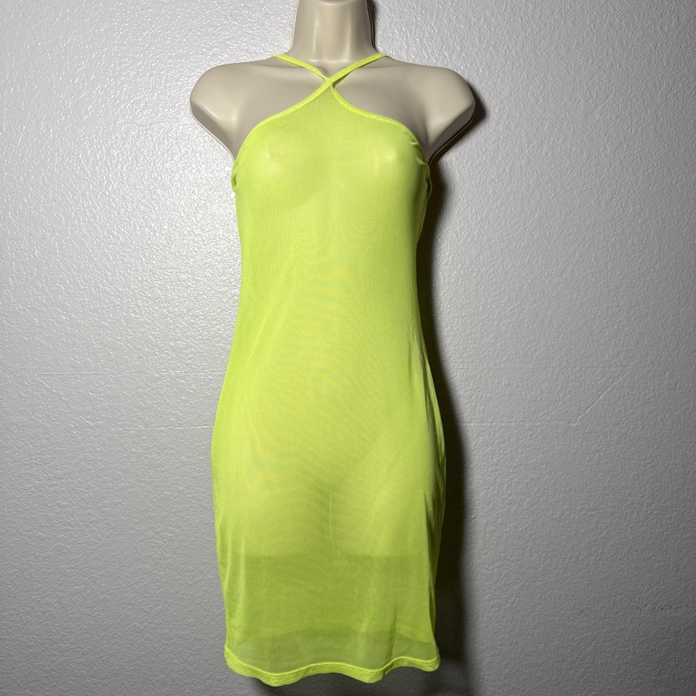 Vintage Mesh Rave Mini Dress Y2K 80s 90s Womens Small‎ USA Neon Yellow Bodycon